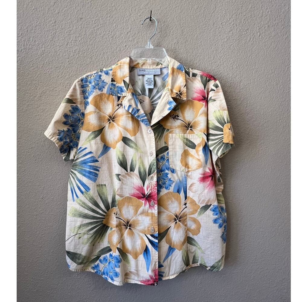 Vintage tan floral hawaiian style Sag Harbor button down top size PXL